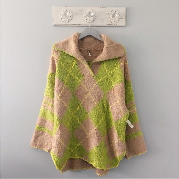 Free People Sunshine to Follow Argyle Cotton Blend Sweater Lemon Sugar Combo NEW - Picture 1 of 10